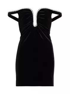 Бархатное мини-платье с открытыми плечами, украшенное стразами Self-Portrait, черный