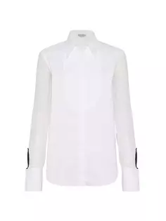 Рубашка из хлопкового поплина стрейч с нагрудником, рукавами из хрустящего шелка и блестящими манжетами Brunello Cucinelli, белый