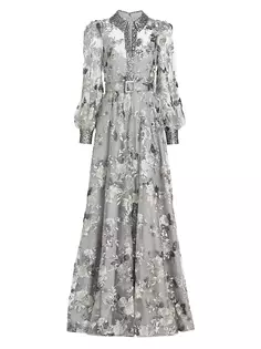 Платье с цветочной аппликацией и блестками на воротнике Badgley Mischka, цвет silver