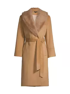 Шерстяно-кашемировое пальто с воротником из дубленки и поясом Sofia Cashmere, цвет camel