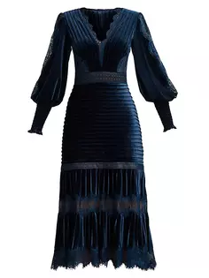Бархатное платье-миди со складками Tadashi Shoji, темно-синий