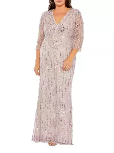 Платье больших размеров с V-образным вырезом и сетчатыми рукавами и пайетками Mac Duggal, цвет lilac
