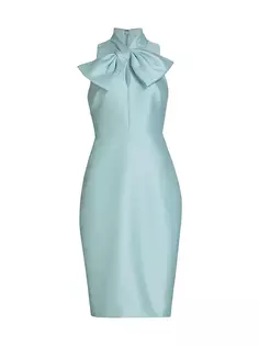 Атласное платье-футляр с бантом Badgley Mischka, цвет azure