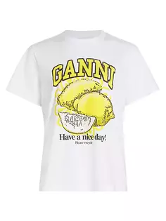 Хлопковая футболка с логотипом и рисунком лимона Ganni, белый