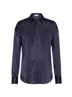 Рубашка из эластичного шелкового атласа с блестящей отделкой Brunello Cucinelli, цвет night