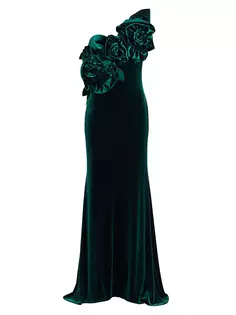 Бархатное платье на одно плечо с однотонной розеткой Badgley Mischka, цвет emerald