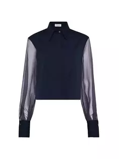 Рубашка из хлопкового поплина стрейч с нагрудником, рукавами из хрустящего шелка и блестящими манжетами Brunello Cucinelli, синий