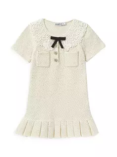 Трикотажное платье с кружевным воротником и пайетками для маленьких девочек и девочек Self-Portrait, цвет cream
