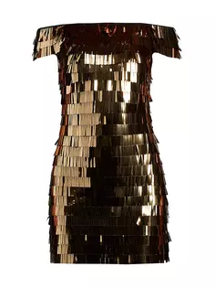 Мини-платье с открытыми плечами и бахромой из пайеток Tadashi Shoji, золотой