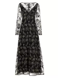 Платье макси из тюля с цветочным принтом Lela Rose, черный