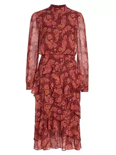 Шелковое платье миди Isa с оборками и принтом Saloni, цвет ruby paisley