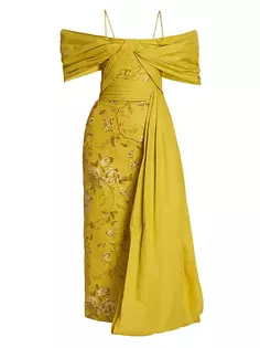 Платье миди с открытыми плечами и цветочным принтом Evora Erdem, желтый