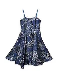 Жаккардовое платье с цветочным принтом для девочек Un Deux Trois, темно-синий