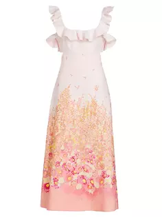 Платье-миди с оборками и цветочным принтом Zimmermann, цвет coral meadow
