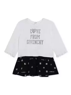 Платье с длинными рукавами и металлизированной вышивкой логотипа для маленьких девочек и маленьких девочек Givenchy, белый
