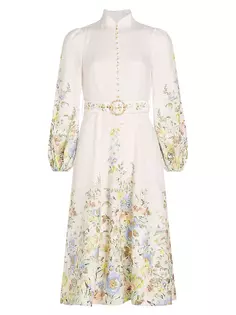 Льняное платье миди с поясом и цветочным принтом Matchmaker Zimmermann, цвет cream blue floral