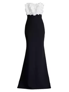 Платье без бретелек с цветочной аппликацией Tadashi Shoji, цвет ivory black
