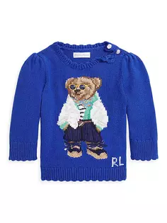 Хлопковый свитер-поло с медвежонком для маленьких девочек Polo Ralph Lauren, цвет sapphire star