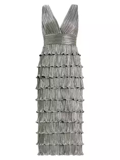 Плиссированное платье-миди с металлизированными оборками Zac Posen, цвет silver