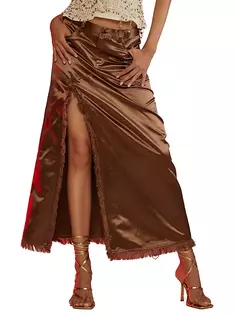 Атласная юбка макси с бахромой Cynthia Rowley, цвет coffee