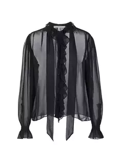 Шелковая блузка с рюшами и пуговицами спереди Frame, цвет noir