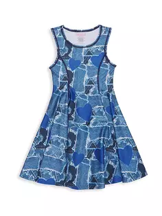 Джинсовое платье с плиссированной юбкой в стиле пэчворк для маленькой девочки Terez, цвет denim heart patchwork