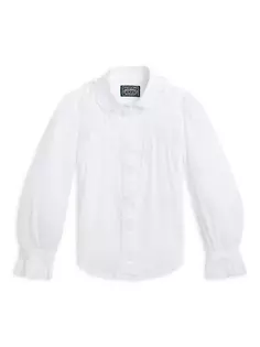 Рубашка из хлопковой вуали с рюшами и вышивкой для маленьких девочек и девочек Polo Ralph Lauren, белый