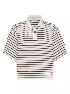 Легкая трикотажная футболка-поло с блестящими полосками из натуральной шерсти и кашемира Brunello Cucinelli, цвет off white