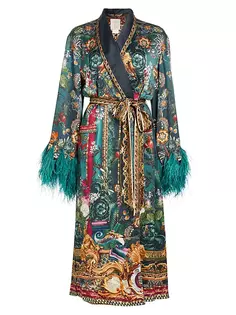 Длинный шелковый халат с цветочной отделкой и перьями Camilla, цвет verdis world