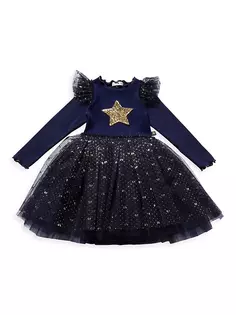 Платье-пачка с оборками и звездами для маленьких девочек и девочек с длинными рукавами Petite Hailey, темно-синий