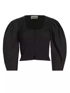 Хлопковая блузка с присборенными рукавами и пышными рукавами Ganni, черный