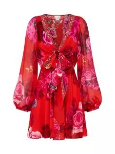 Шелковое мини-платье с цветочным принтом и завязками Camilla, цвет italian rosa