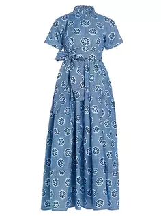 Хлопковое многоярусное платье макси в полоску с геометрическим рисунком Olori Elisamama, мультиколор