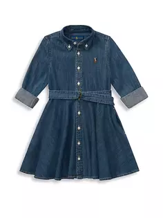 Джинсовое платье-рубашка с поясом для маленьких девочек и девочек Polo Ralph Lauren, индиго