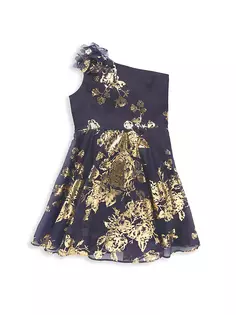 Платье из фольги на одно плечо для маленьких девочек и девочек Marchesa Notte Mini, темно-синий