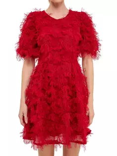 Мини-платье с сетчатой сеткой и перьями, пышными рукавами Endless Rose, цвет wine