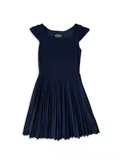 Плиссированное платье с короткими рукавами для девочек Un Deux Trois, темно-синий