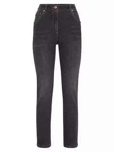 Узкие джинсы из эластичного денима с блестящей кожаной окантовкой Brunello Cucinelli, серый