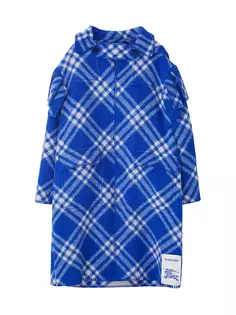 Шерстяное пальто в клетку с капюшоном Burberry, цвет blue knight check