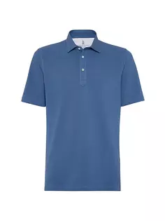 Рубашка-поло приталенного кроя из хлопкового пике с рубашечным воротником Brunello Cucinelli, синий