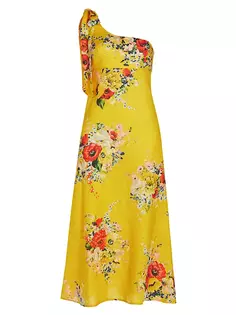 Льняное платье миди на одно плечо Alight с цветочным принтом Zimmermann, желтый