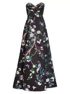 Атласное платье без бретелек с цветочным принтом Marchesa Notte, черный