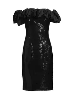 Платье-футляр с открытыми плечами и оборками из пайеток Aidan Mattox, черный