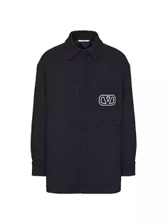 Твидовый пиджак-рубашка из хлопка и вискозы с фирменной нашивкой с логотипом Valentino Garavani, темно-синий