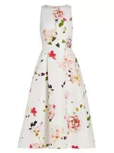 Платье миди без рукавов Faille с цветочным принтом Monique Lhuillier, белый