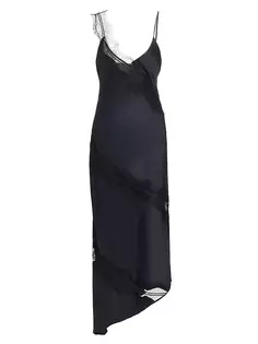 Асимметричное атласное платье-комбинация с кружевной отделкой A.L.C., черный