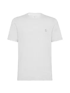 Облегающая футболка из хлопкового джерси с круглым вырезом, логотипом и искусственными слоями Brunello Cucinelli, серый