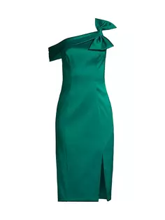 Атласное платье миди на одно плечо с бантом Aidan Mattox, цвет deep emerald