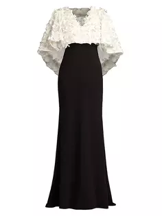 Платье с накидкой и рукавами с 3D цветочным принтом Sho, цвет ivory black