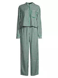 Пижама из хлопковой смеси с начесом в мелкую клетку Lunya, цвет verdant check ЛУНЯ